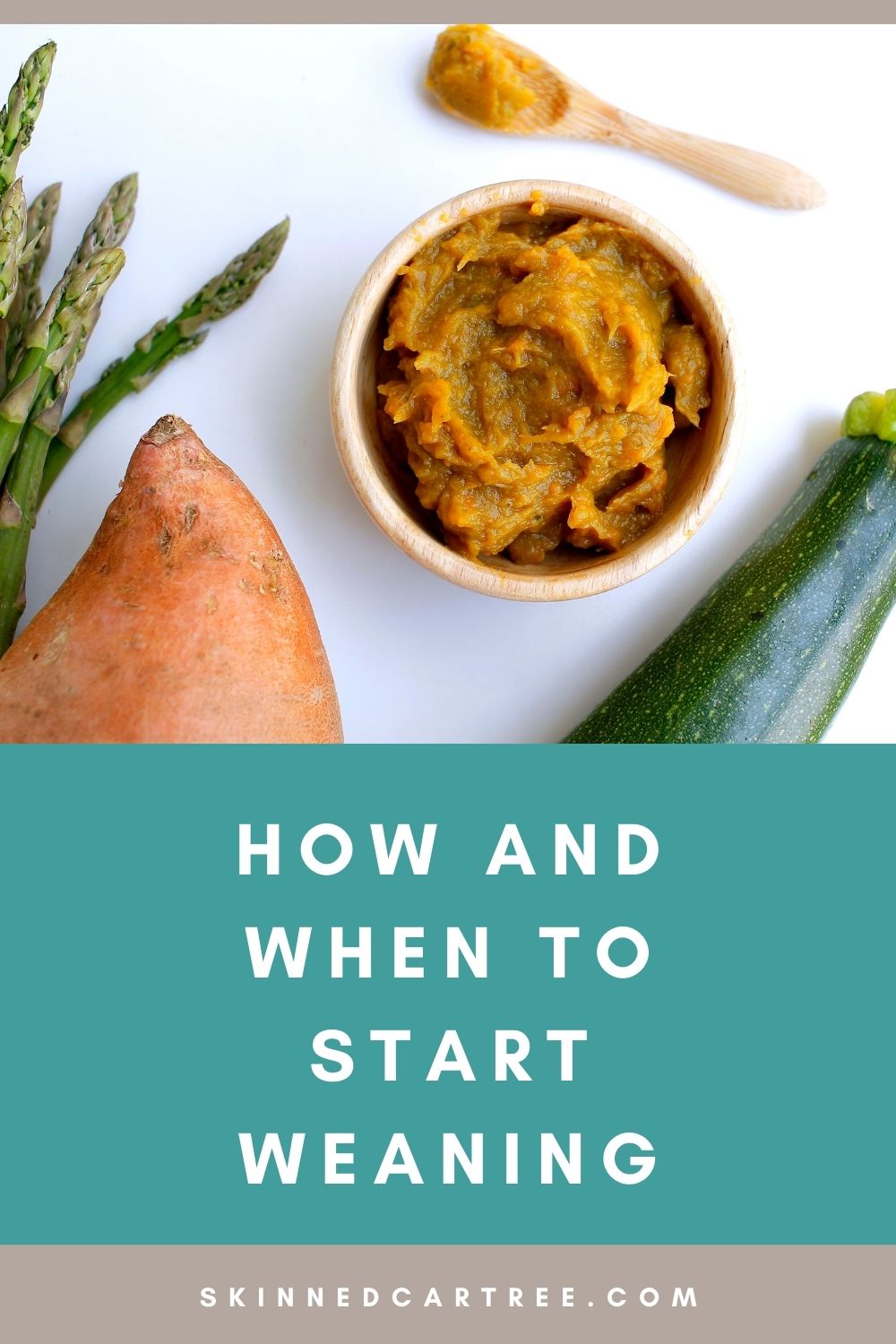 how and when to start weaning text with image of vegetables and food in a bowl
