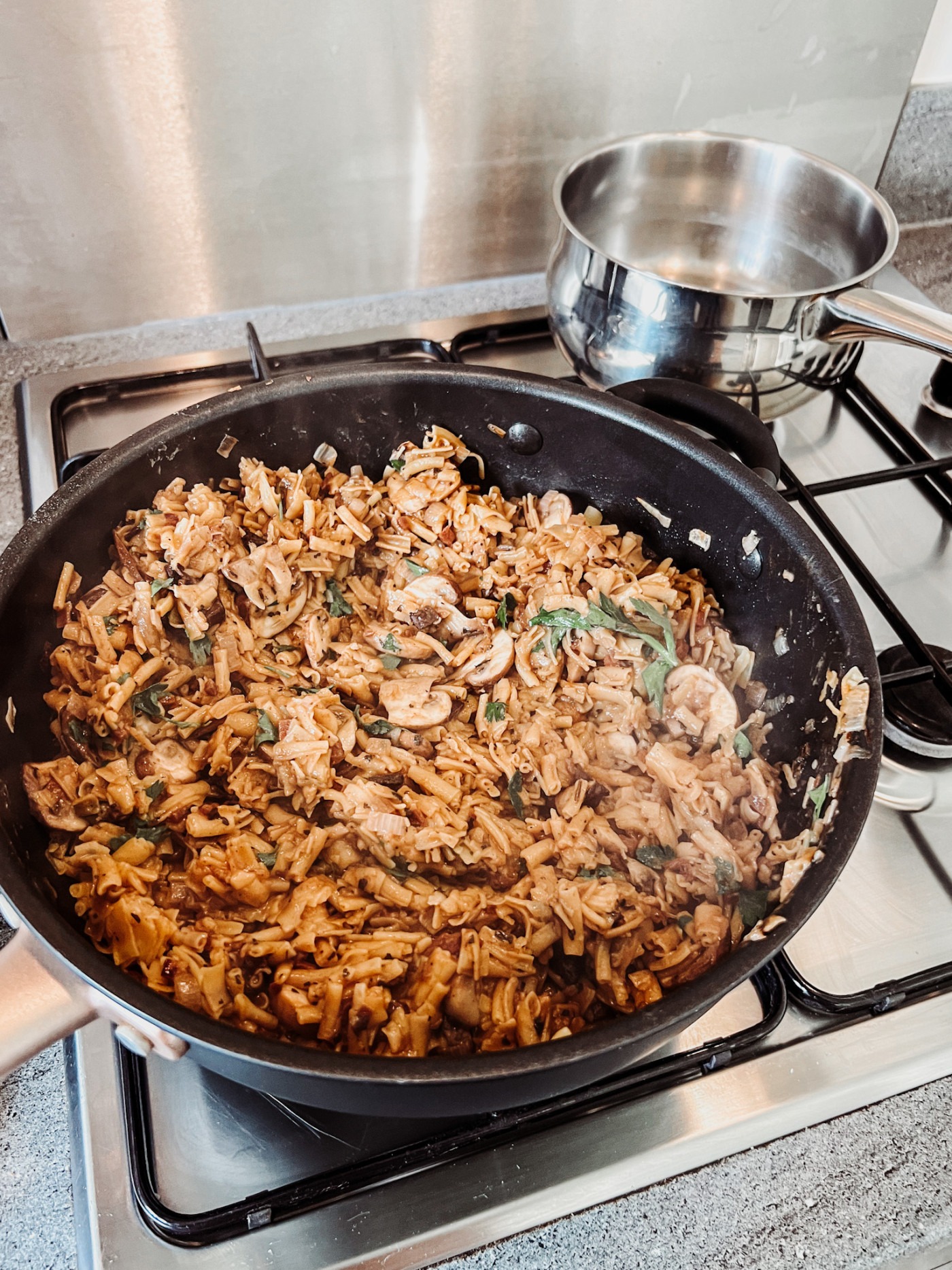 cooking Plant-Based Mushroom and Garlic Pasta
