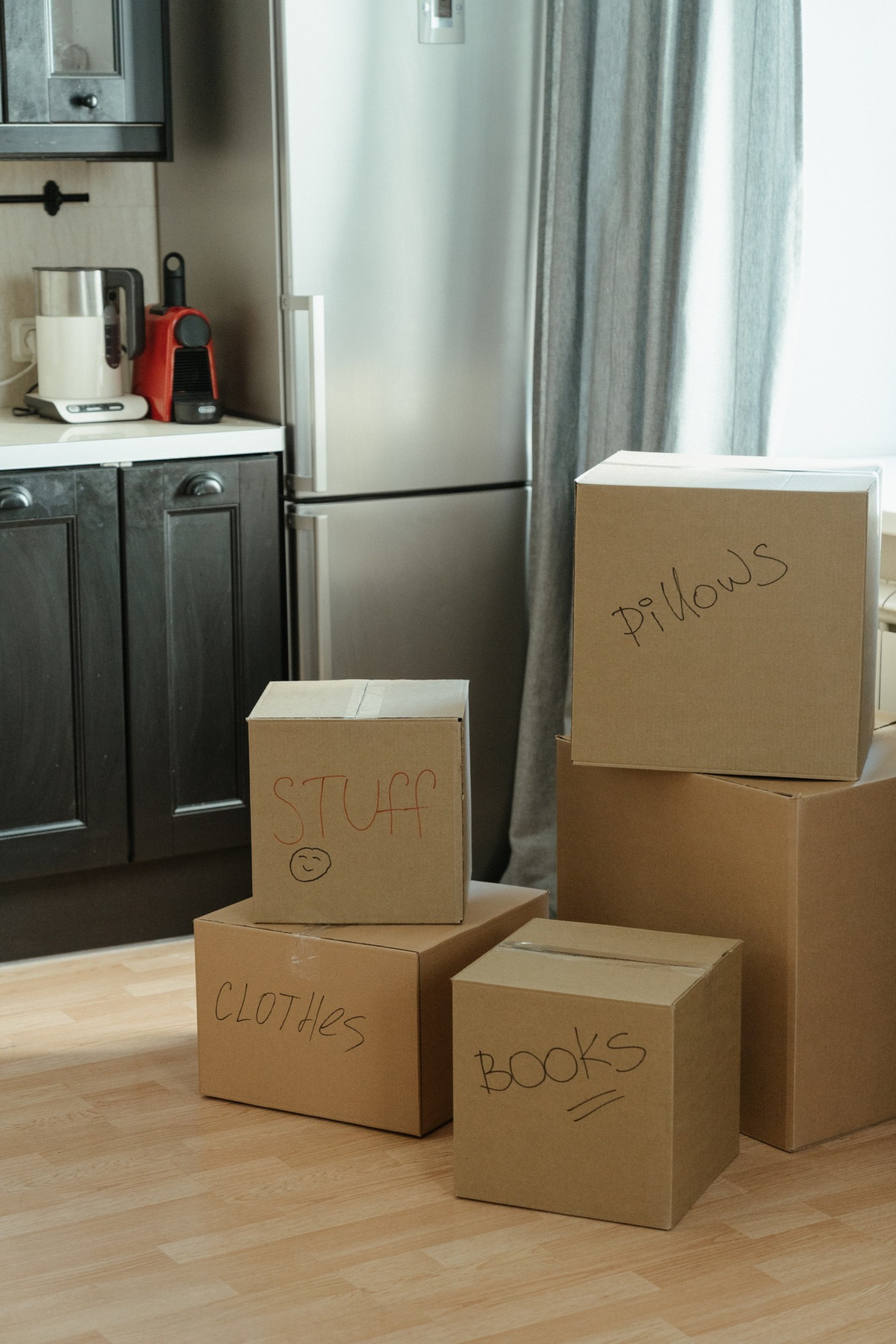 moving boxes in the kitchen