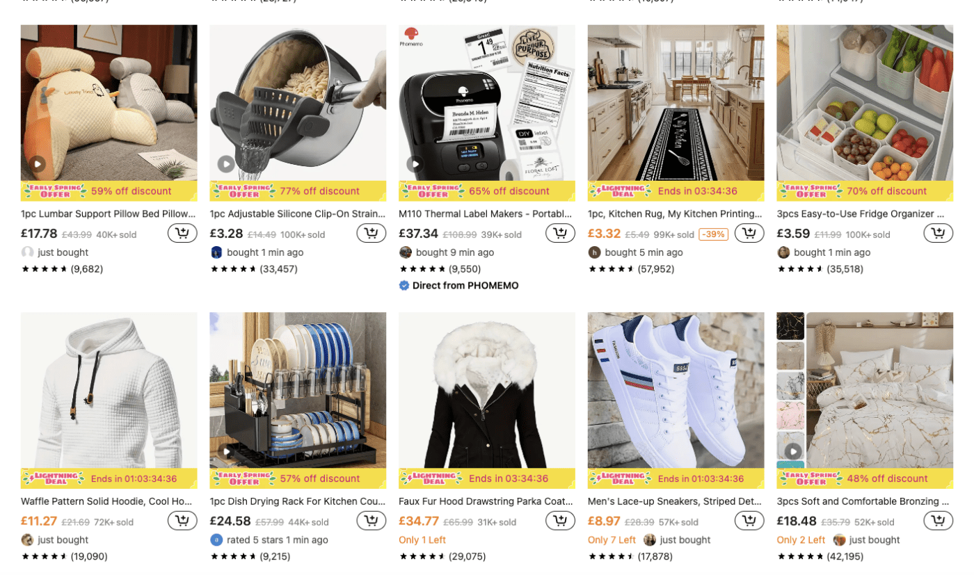 Temu website interface displaying product listings