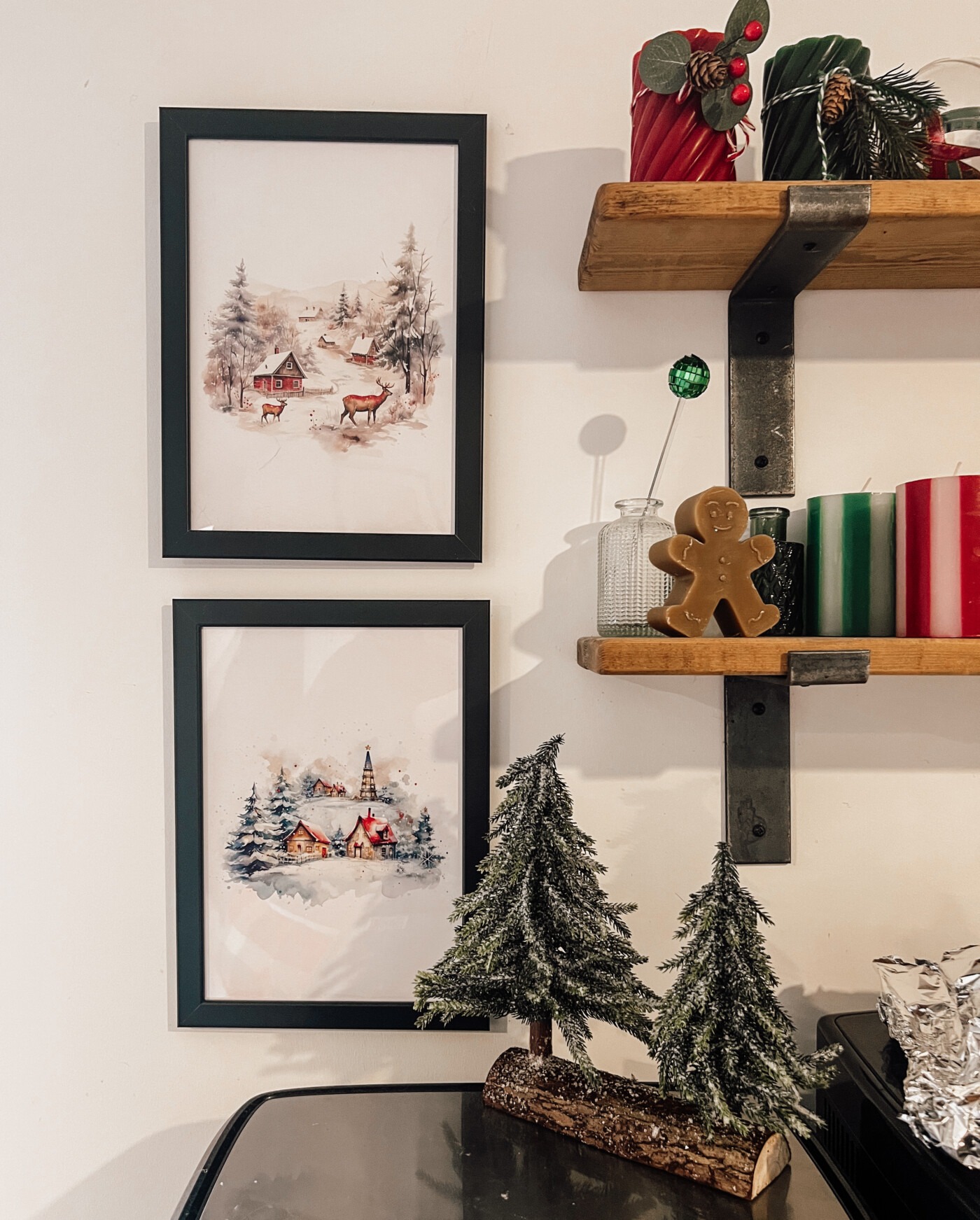 kitchen shelves decorated for Christmas