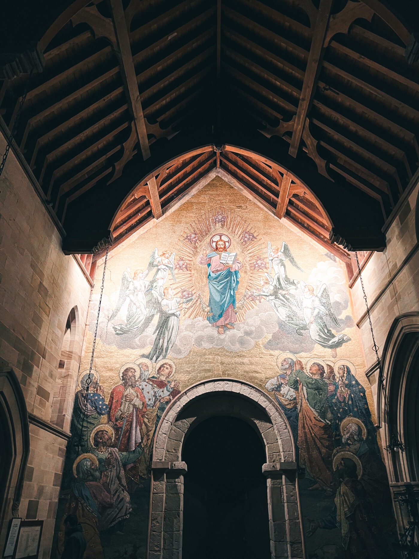 Large colourful mosaic covering the west wall of St Andrew's Church created by the Venice and Murano Glass Company
