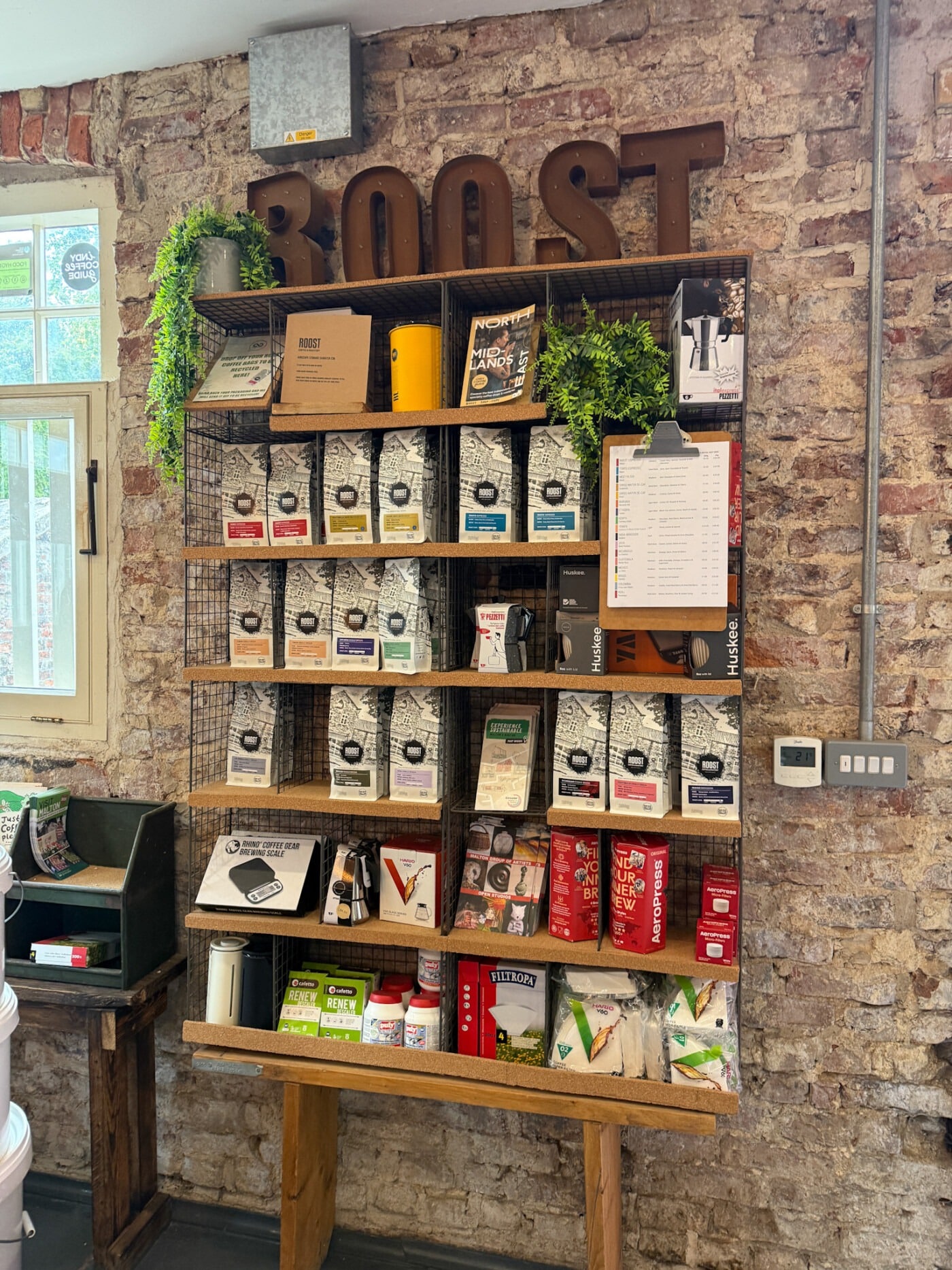 Coffee beans and roasting equipment at Roost Coffee small-batch roastery in Malton