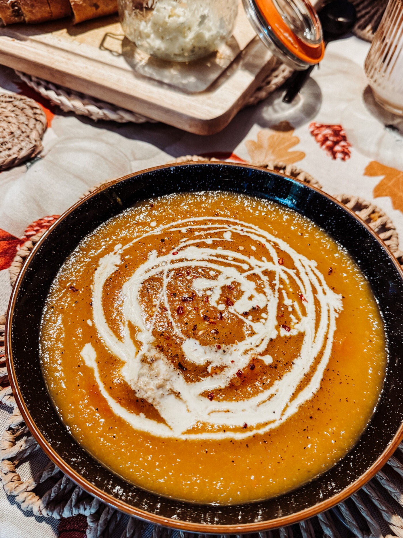 easy pumpkin and carrot soup with double cream swirl