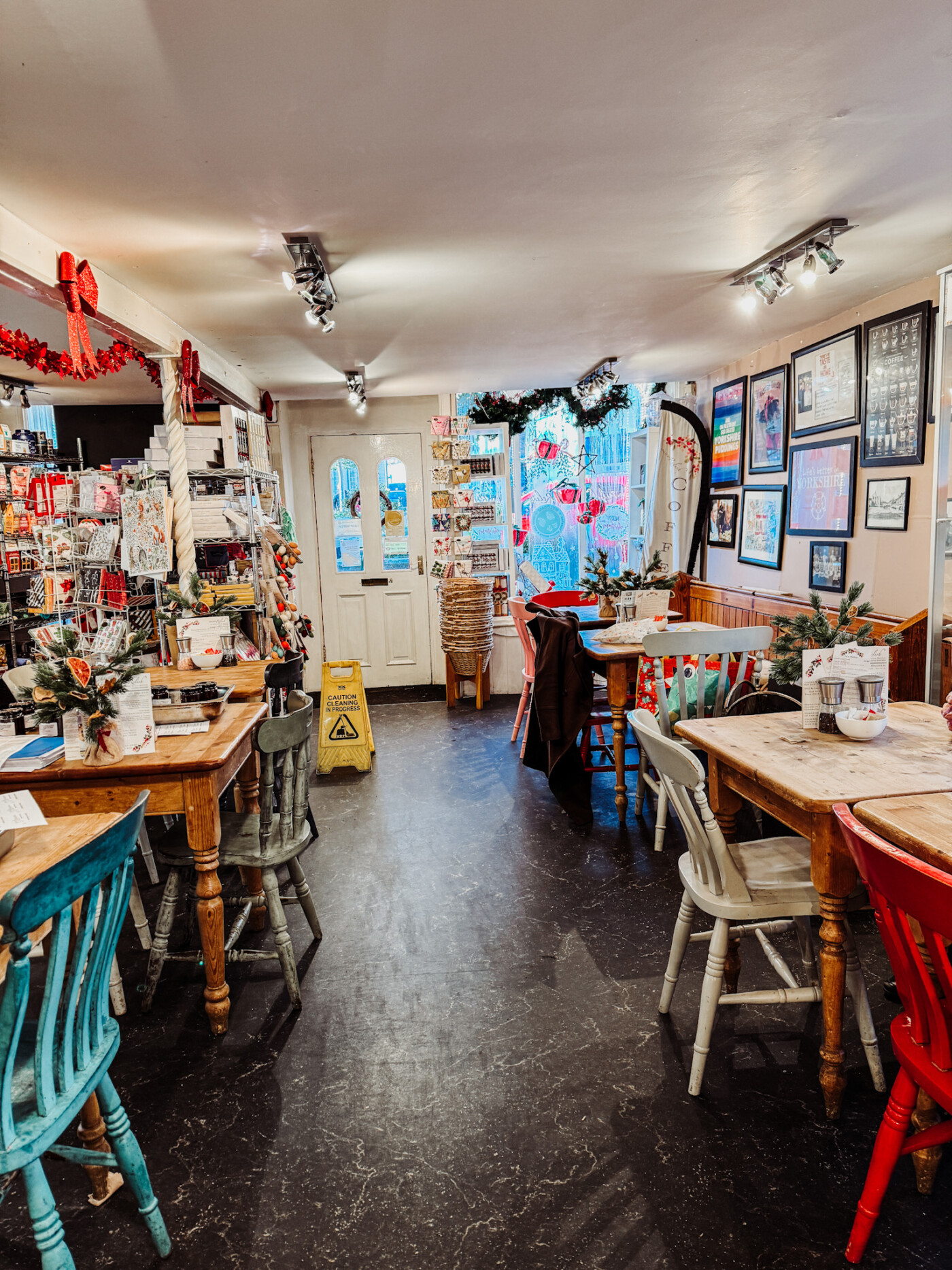 Interior of Malton Relish deli and café on Market Place showing the seating area