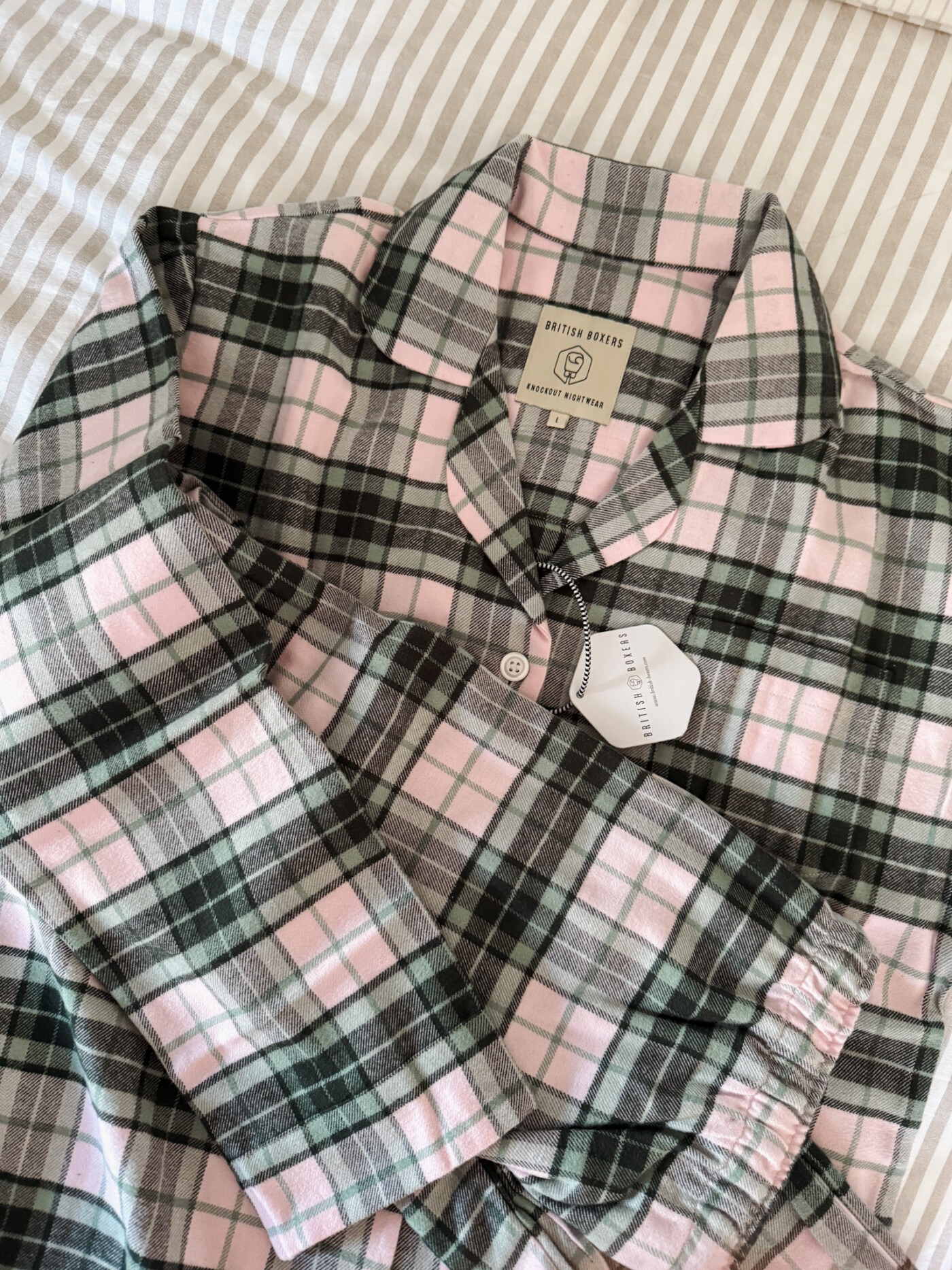 British Boxers Burnet Rose Tartan women's brushed cotton pyjama set flatlay, spring 2026