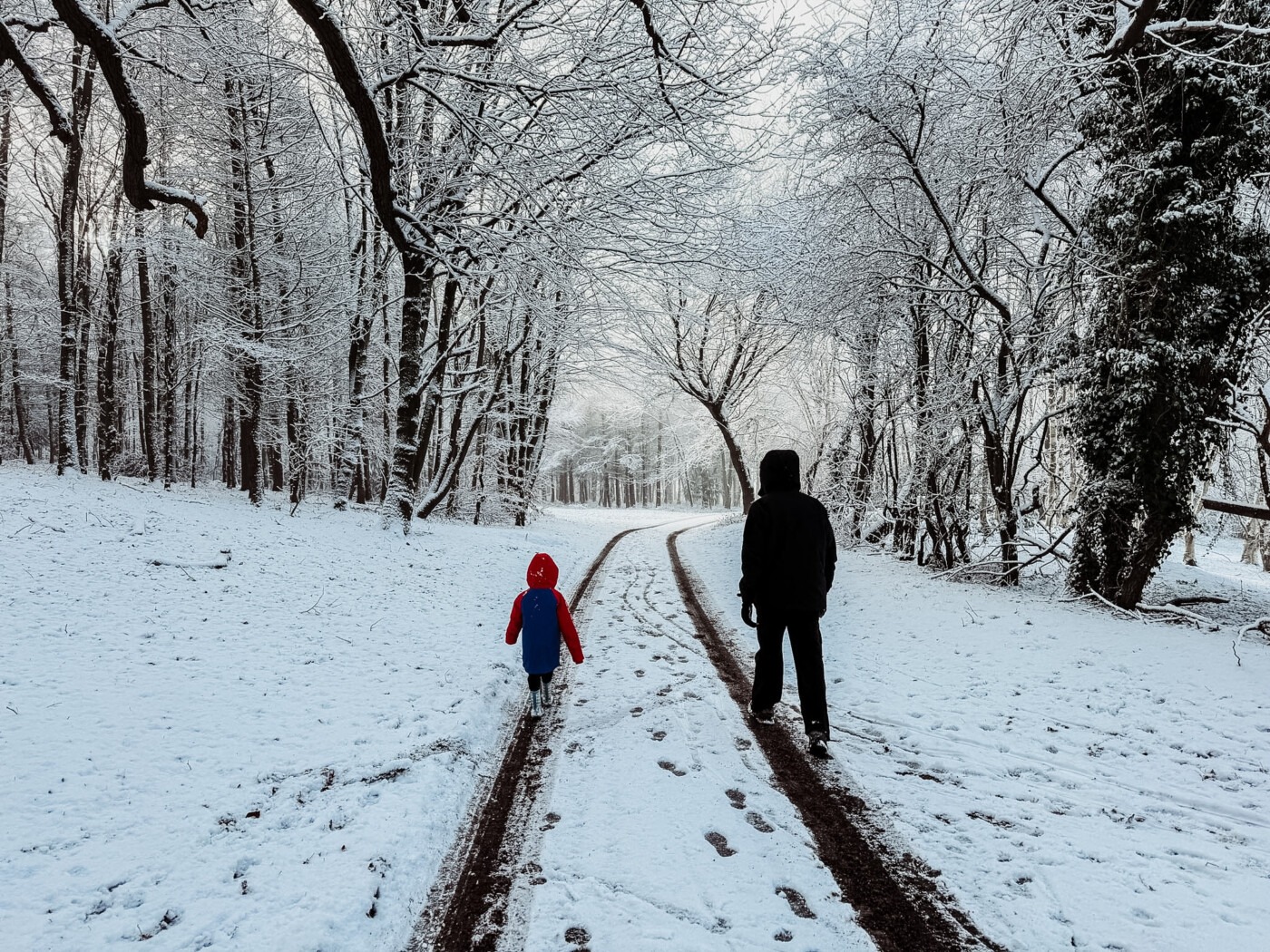 dad and son walking in the snow
